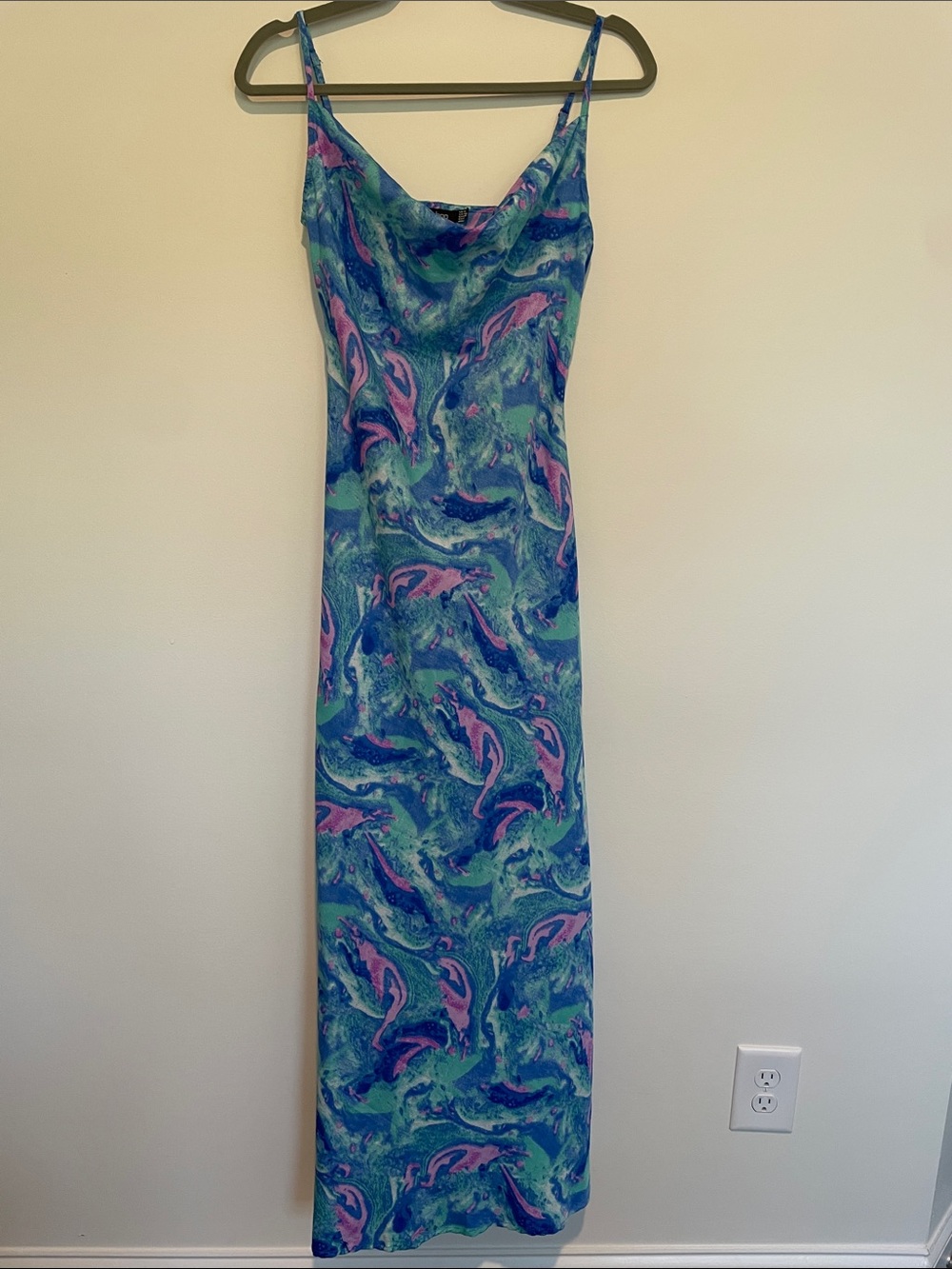 Boohoo Blue & Pink Marble-Print Cowl Neck Maxi Slip Dress size 4